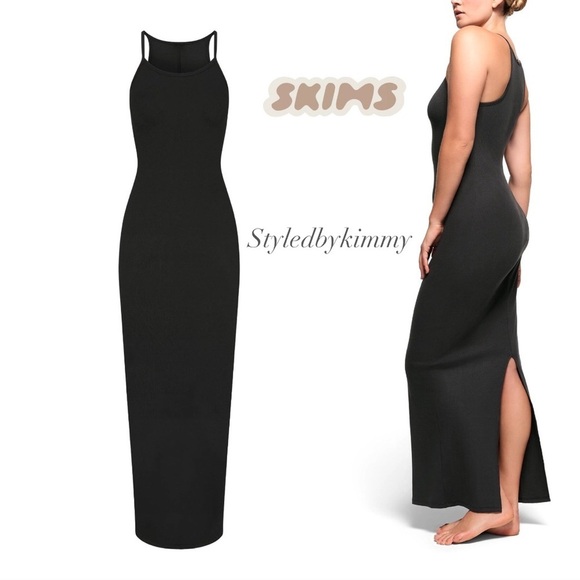 SKIMS COTTON RIB LONG CAMI DRESS NWT NEW S SOOT Black - Picture 1 of 8